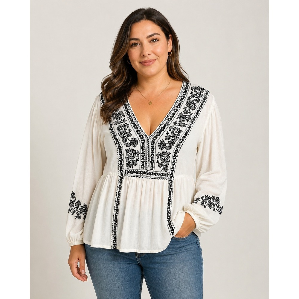Venus Boho Embroidered V-Neck Peasant Blouse White Black XL Long Sleeve